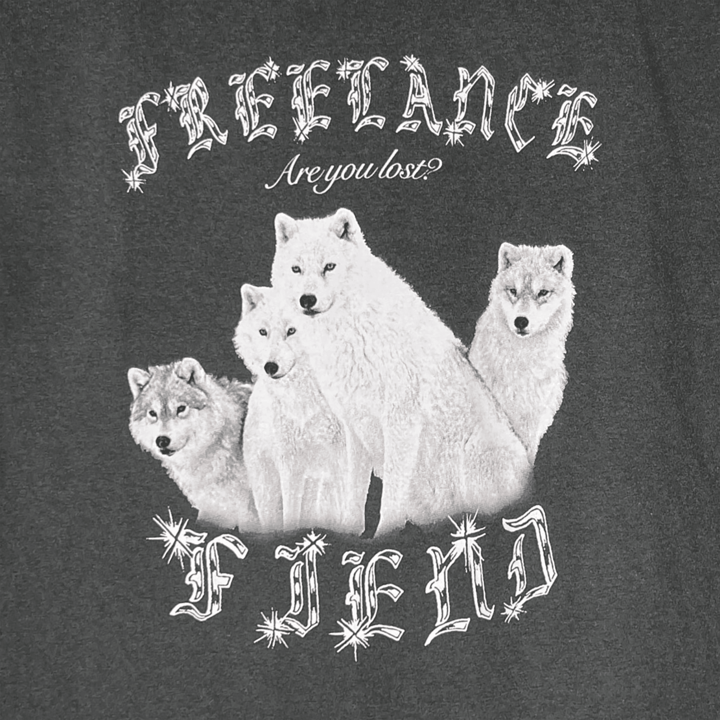 Wolf screen print with detailed text and color shading